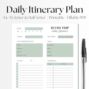 Planejador de itinerário diário, planejador de férias, cronograma de viagens, itinerário de viagem diário, planejamento de viagens, A4/A5/carta/meio, download instantâneo