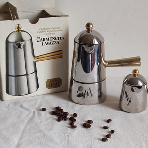 Lavazza Carmencita, Italian stovetop moka pot with the golden arm, quality vintage espresso maker, 1980s, with milk jug, made in Italy