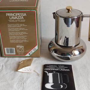 Lavazza Principessa 6 cups, stylish Italian stovetop moka pot, quality vintage espresso maker, 1980s, made in Italy.