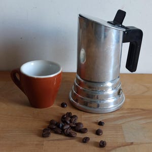 VEV, stovetop espresso maker, iconic model from the 1970s, made in Italy, early designer piece.