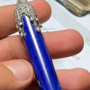 Handmade Polished Lapis Lazuli Pendant: 925 Sterling Silver, 70mm