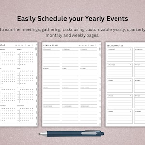 Pu&ograve; includere: Un'agenda digitale con pagine annuali, mensili e settimanali. L'immagine mostra un calendario annuale 2026, un piano annuale e note di sezione. Una penna blu scuro &egrave; in basso. Il testo recita: "Pianifica facilmente i tuoi eventi annuali."
