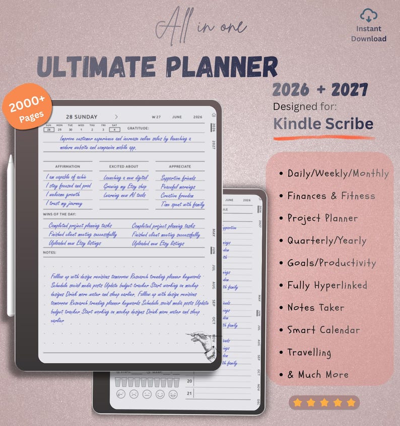 Pu&ograve; includere: Planner digitale Ultimate per Kindle Scribe, progettato per il 2026 e il 2027. Include pianificazione giornaliera, settimanale e mensile, finanze, pianificazione progetti e altro. Include oltre 2000 pagine ed &egrave; completamente ipertestuale.