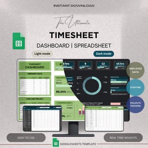 Pode incluir: Um modelo digital de painel e planilha de horas, mostrando os modos claro e escuro. O design inclui visualizações de dados, rastreamento de projetos e seções de dados de funcionários. A imagem também inclui o texto "Download instantâneo".