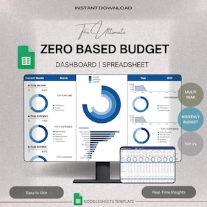 Puede incluir: Una pantalla de ordenador que muestra una plantilla de Google Sheets para un presupuesto basado en cero. La plantilla incluye un panel de control con gráficos y diagramas, así como una hoja de cálculo con información detallada del presupuesto. El texto en la pantalla dice "The Ultimate Zero Based Budget Dashboard | Spreadsheet".