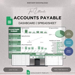 Op de afbeelding: Een groene en witte Google Sheets-sjabloon voor het beheren van crediteuren. De sjabloon bevat grafieken en diagrammen om gegevens te visualiseren, zoals het totale factuurbedrag, het totale btw-bedrag, het totale ontvangen kortingsbedrag, verouderde crediteuren en betalingen per leverancier. De sjabloon bevat ook een sectie voor betaalde crediteuren en de status van AP-goedkeuring.