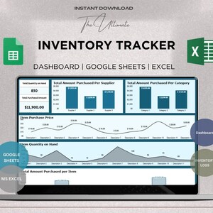 May include: A laptop screen showing an inventory tracker dashboard with charts and graphs. The display includes data on quantity, purchase price, and supplier purchases. Text on the screen reads "INVENTORY TRACKER" and "DASHBOARD | GOOGLE SHEETS | EXCEL".