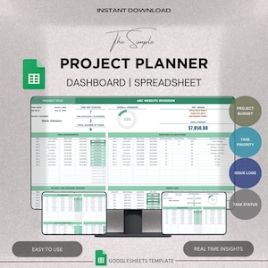 以下が含まれることがあります： プロジェクトの計画のためのGoogleスプレッドシートテンプレートが表示されたコンピューター画面。テンプレートには、プロジェクトのタイトル、タスクの割り当て、予算と費用のトラッカー、問題ログ、タスクのステータスに関するセクションが含まれています。テンプレートのタイトルは「プロジェクトプランナーダッシュボード|スプレッドシート」で、ラベルは「ABCウェブサイトのリデザイン」です。