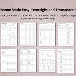 Pu&ograve; includere: Una raccolta di modelli finanziari stampabili bianchi su sfondo rosa chiaro. I modelli includono sezioni per budget mensili, bollette annuali, monitoraggio dei risparmi e gestione del debito. Il testo in alto recita "Finance Made Easy: Oversight and Transparency".