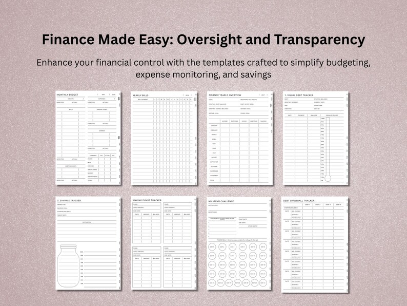 Pu&ograve; includere: Una raccolta di modelli finanziari stampabili bianchi su sfondo rosa chiaro. I modelli includono sezioni per budget mensili, bollette annuali, monitoraggio dei risparmi e gestione del debito. Il testo in alto recita "Finance Made Easy: Oversight and Transparency".