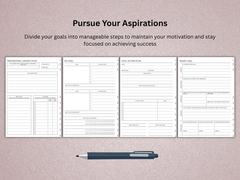 Pu&ograve; includere: Un pianificatore con sezioni per la crescita professionale, gli obiettivi e i piani d'azione. Il testo "Pursue Your Aspirations" e le istruzioni sono in alto. Una penna blu scuro &egrave; appoggiata in basso.