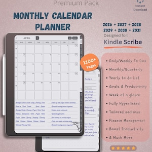 May include: A digital monthly calendar planner for Kindle Scribe featuring years 2026 through 2031. The display shows an April calendar grid with handwritten to-do lists, 1100+ pages, and a list of features including daily, weekly, and yearly planning.