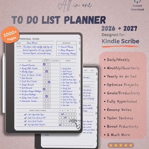 以下が含まれることがあります： Kindle Scribe 用のデジタル ToDo リストプランナー。2026 年と 2027 年向けに設計されています。毎日の、毎週の、毎月の、毎年の計画、プロジェクトの最適化、目標追跡が含まれています。1000 ページ以上、即時ダウンロード。
