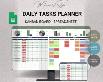 May include: A Google Sheets template for a daily tasks planner with a Kanban board. The template features a minimalist design with green, red, and blue accents. The template includes a spreadsheet, graphs, and a Kanban board for visualizing tasks.