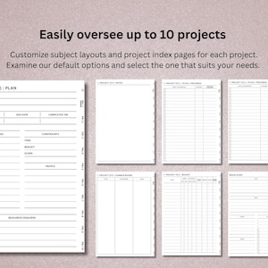 Pu&ograve; includere: Una raccolta di pagine bianche di pianificazione del progetto su sfondo rosa. Le pagine includono sezioni per obiettivi, date di inizio e scadenza e risorse. Il testo sulle pagine recita "Easily oversee up to 10 projects."