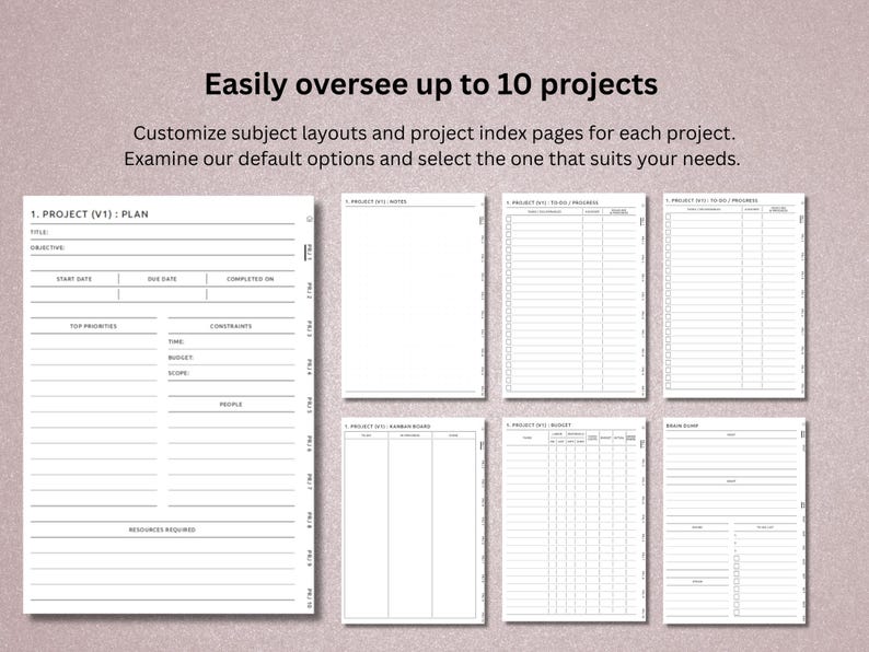Pu&ograve; includere: Una raccolta di pagine bianche di pianificazione del progetto su sfondo rosa. Le pagine includono sezioni per obiettivi, date di inizio e scadenza e risorse. Il testo sulle pagine recita "Easily oversee up to 10 projects."
