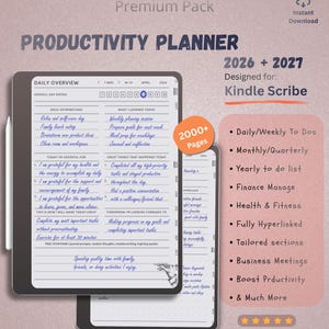 May include: A digital productivity planner for Kindle Scribe, featuring 2026 and 2027 daily overview templates with sections for affirmations, gratitude, and tasks. The layout includes over 2000 pages, hyperlinked navigation, and sections for finance, health, and business.