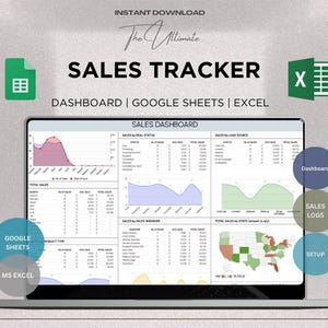 May include: A laptop screen displays a sales dashboard with charts and data visualizations. The text "SALES TRACKER" is prominent, with options for Google Sheets and Excel. Icons for Google Sheets and Excel are also present, along with the words "Dashboard", "Sales Logs", and "Setup".