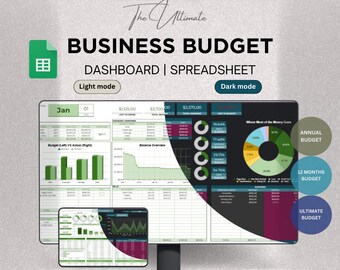 Può includere: Un modello digitale di dashboard e foglio di calcolo per il budget aziendale. Lo schermo mostra dati finanziari, grafici e diagrammi. Il testo include "BUSINESS BUDGET" e "DASHBOARD | SPREADSHEET". Include le opzioni "Light mode" e "Dark mode".