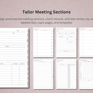 Pu&ograve; includere: Pagine di pianificazione stampabili con il testo "Tailor Meeting Sections". Le pagine includono note di riunione, piani di progetto, liste di cose da fare e statistiche sui social media. Sono progettate per organizzare i registri dei clienti e i centri attivit&agrave;.