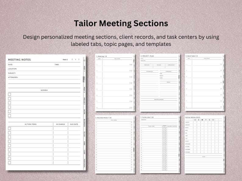 Pu&ograve; includere: Pagine di pianificazione stampabili con il testo "Tailor Meeting Sections". Le pagine includono note di riunione, piani di progetto, liste di cose da fare e statistiche sui social media. Sono progettate per organizzare i registri dei clienti e i centri attivit&agrave;.
