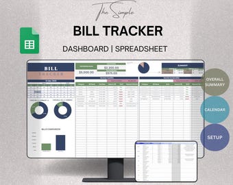 May include: A computer screen displaying a Google Sheets spreadsheet template for tracking bills. The spreadsheet includes a calendar, a summary of bills, and a comparison of bills. The text "The Simple Bill Tracker" is displayed at the top of the screen. The text "Dashboard | Spreadsheet" is displayed below the title. The text "Google Sheets Template" is displayed at the bottom of the screen.
