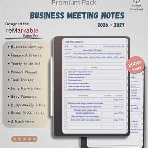 Może przedstawiać: Cyfrowy planer notatek ze spotkań biznesowych dla reMarkable Paper Pro, zawierający ponad 2000 stron na lata 2026 i 2027. Interfejs zawiera sekcje na datę, lokalizację, temat, uczestników, agendę oraz listę zadań z polami wyboru i terminami.