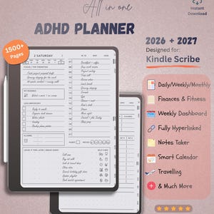May include: Digital ADHD planner for Kindle Scribe, featuring 1500+ pages. Includes daily, weekly, and monthly planning, finances, fitness, and a smart calendar. The planner is fully hyperlinked and designed for 2026 and 2027.