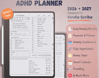 Agenda digitale per ADHD 2026-2027 per Kindle Scribe / Agenda con collegamenti ipertestuali e oltre 1500 pagine / Agenda giornaliera, settimanale e mensile per la produttività e il budget