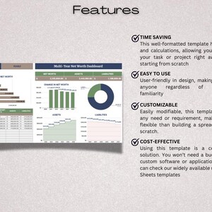 Pu&ograve; includere: Un modello di dashboard del patrimonio netto pluriennale con un grafico a torta verde e blu, grafici a barre e grafici a linee. Il modello &egrave; progettato per aiutare gli utenti a tenere traccia del loro patrimonio netto nel tempo. Il modello &egrave; un risparmio di tempo, facile da usare, personalizzabile ed economico.