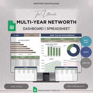 Puede incluir: Una pantalla de ordenador que muestra una plantilla de Google Sheets para un panel de control de patrimonio neto de varios años. El panel de control incluye gráficos y diagramas que muestran el patrimonio neto, los activos y los pasivos a lo largo del tiempo. La plantilla es fácil de usar y proporciona información en tiempo real.