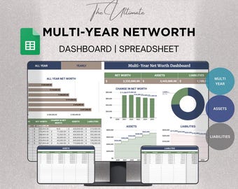 Multi-Year Net Worth Dashboard, Annual Net Worth Tracker Spreadsheet, Personal Finance Planner, Google Sheets Template, Assets & Liabilities