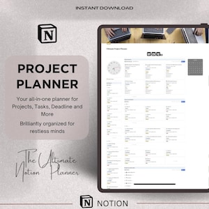 May include: Digital project planner with a clean, minimalist design. The image features a tablet displaying a project management interface, with a clock and calendar. Text includes "PROJECT PLANNER" and "INSTANT DOWNLOAD."