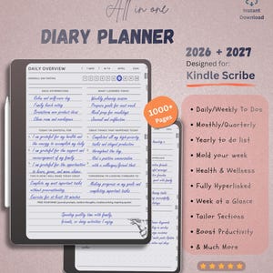 Può includere: Un'agenda digitale per Kindle Scribe per gli anni 2026 e 2027, con oltre 1000 pagine e modelli di panoramica giornaliera che includono sezioni per affermazioni, gratitudine e liste di cose da fare, con testo scritto a mano in blu.