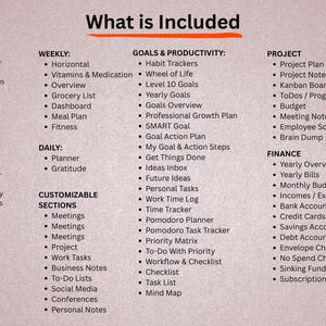 Pu&ograve; includere: Un elenco intitolato "Cosa &egrave; incluso" con sezioni per Annuale, Trimestrale, Mensile, Settimanale, Giornaliero, Sezioni personalizzabili, Obiettivi e produttivit&agrave;, Progetto, Finanza, Salute e benessere e Piano pasti.