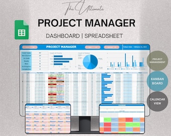 Project Management with Kanban Board and Calendar View Google Sheets Template, Team Project Management, Employee Task List, Project Manager