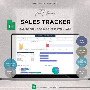 May include: A laptop screen displays a sales tracker dashboard template. The screen shows charts, graphs, and data visualizations. The text on the screen includes "Sales Tracker," "Dashboard," and "Google Sheets Template." Additional icons and text are also visible.
