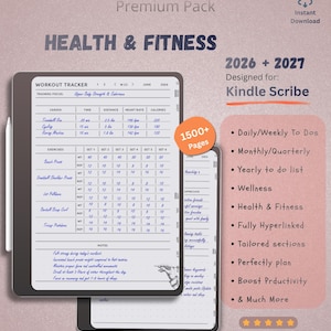 Könnte beinhalten: Ein digitaler Gesundheits- und Fitnessplaner für Kindle Scribe mit einer Trainings-Tracker-Vorlage, die Spalten für Cardio, Übungen, Sätze und Wiederholungen enthält. Der Planer umfasst über 1500 Seiten, Kalender für 2026 und 2027 sowie To-do-Listen.