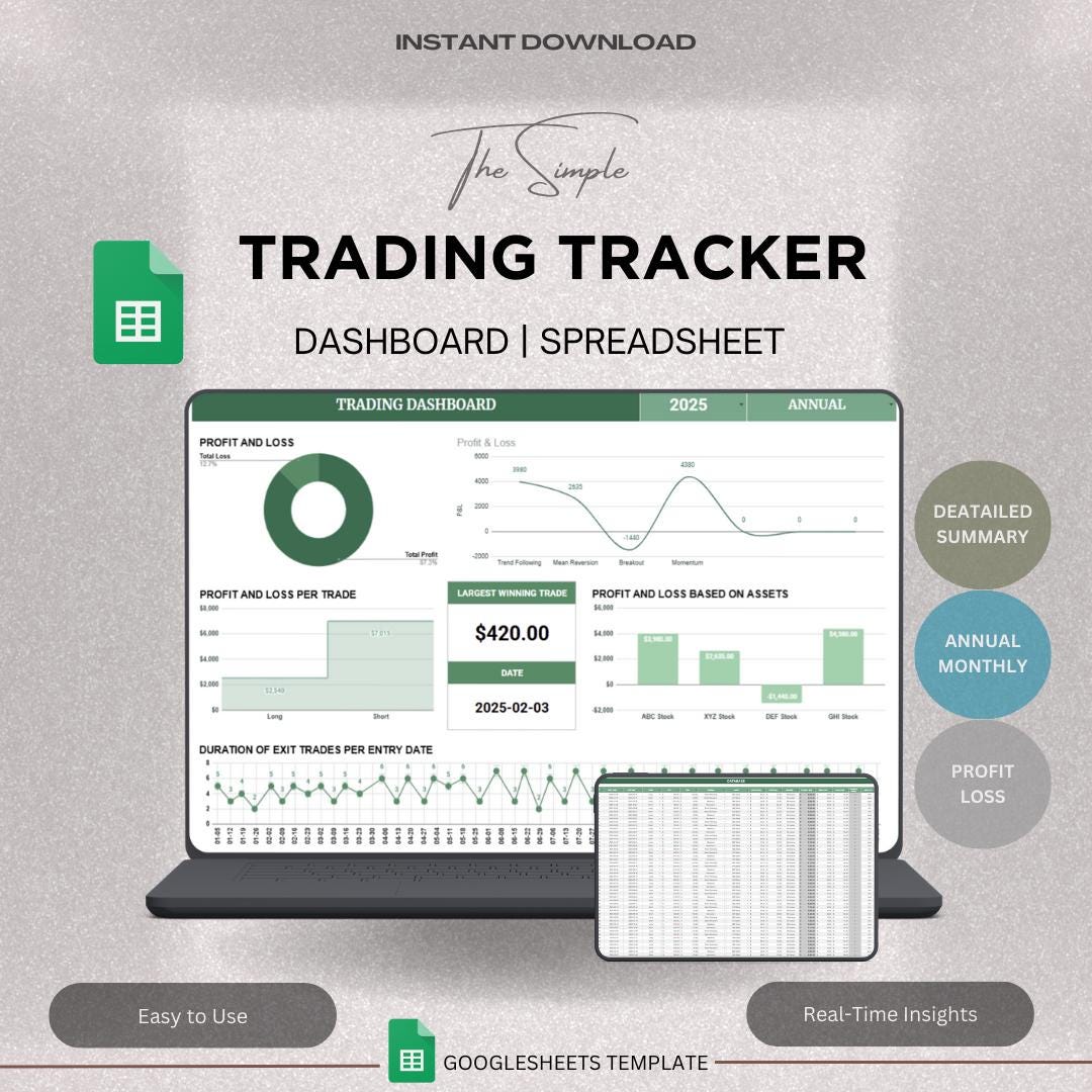 暗号通貨取引ジャーナル Google スプレッドシート | 2025 取引ダッシュボード スプレッドシート | 取引分析チャート |  年次および月次取引レポート - Etsy 日本