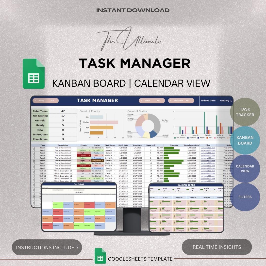 Task Tracker With Kanban Board and Calendar View Google Sheets Template ...