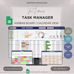 Task Tracker with Kanban Board and Calendar View Google Sheets Template, Team Project Management, Employee Task List, Project Manager