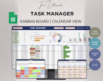 Task Tracker with Kanban Board and Calendar View Google Sheets Template, Team Project Management, Employee Task List, Project Manager