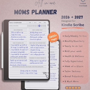 May include: A digital planner for Kindle Scribe titled All in one MOMS PLANNER 2026 + 2027. The interface displays a daily overview with sections for affirmations, gratitude, and tasks. It features 1900+ pages, daily and weekly to-do lists, monthly and quarterly views, health and wellness trackers, and is fully hyperlinked for navigation.