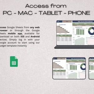 Pu&ograve; includere: Uno screenshot che mostra come accedere a un modello di budget di Google Sheets da un computer, un tablet o un telefono. Il testo recita "Accesso da PC - MAC - TABLET - PHONE" e "Accedi a Google Sheets da qualsiasi browser web o tramite l'app mobile di Google Sheets, disponibile per il download su iOS e Android. Accedi semplicemente con il tuo account Google per iniziare a utilizzare il nostro modello di budget istantaneamente."