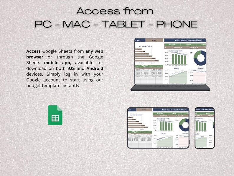 Pu&ograve; includere: Uno screenshot che mostra come accedere a un modello di budget di Google Sheets da un computer, un tablet o un telefono. Il testo recita "Accesso da PC - MAC - TABLET - PHONE" e "Accedi a Google Sheets da qualsiasi browser web o tramite l'app mobile di Google Sheets, disponibile per il download su iOS e Android. Accedi semplicemente con il tuo account Google per iniziare a utilizzare il nostro modello di budget istantaneamente."