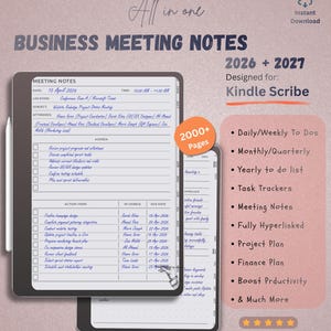 May include: A digital business meeting notes planner for Kindle Scribe, covering 2026 and 2027 with over 2000 pages. The interface displays meeting details, agenda items, and action items with checkboxes. Features include daily, weekly, monthly, and yearly trackers, project and finance plans, and hyperlinks.