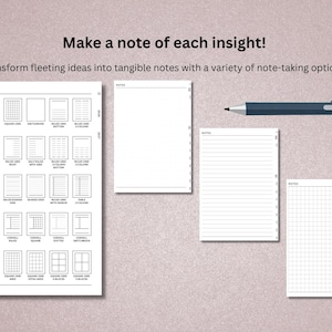 Pu&ograve; includere: Una collezione di opzioni per prendere appunti, tra cui pagine a righe, a griglia e vuote, insieme a una penna. L'immagine presenta una variet&agrave; di layout di pagine di note, come griglia a punti, righe e griglia quadrata. Il testo dice "Make a note of each insight!"