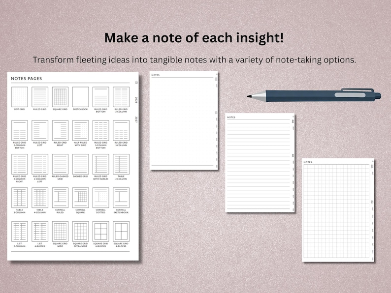 Pu&ograve; includere: Una collezione di opzioni per prendere appunti, tra cui pagine a righe, a griglia e vuote, insieme a una penna. L'immagine presenta una variet&agrave; di layout di pagine di note, come griglia a punti, righe e griglia quadrata. Il testo dice "Make a note of each insight!"