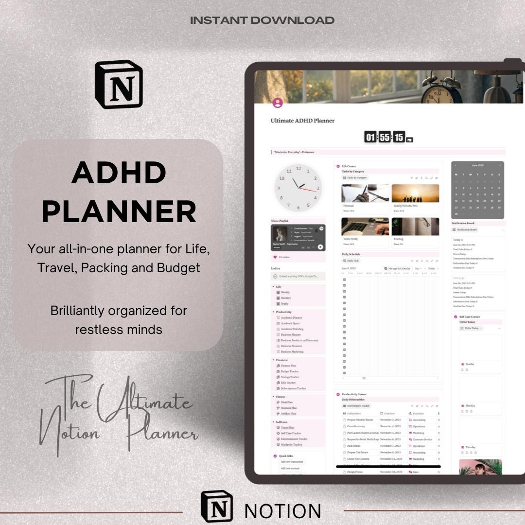 Notion Template ADHD Planner Notion Dashboard ADHD Digital Planner