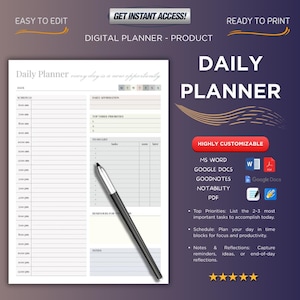 Peut inclure: Un planificateur quotidien numérique avec un fond blanc et un stylo noir. Le planificateur comprend des sections pour la planification, les priorités et les notes. Le texte sur l'image comprend "Daily Planner" et "Highly Customizable."